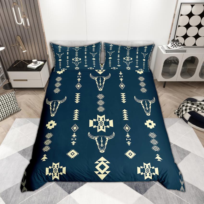 Homewish Bohemian Aztec Duvet Cover Set 2pcs/3pcs, Rustic Cow Skull Bedding, Retro Farmhouse Lodge Cabin Comforter Cover Set