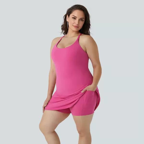 2025 Anti-Exposure Sports Dress with Built-In Shorts, Detachable Chest Pads, and Pockets, A-Line Short Skirt for Women