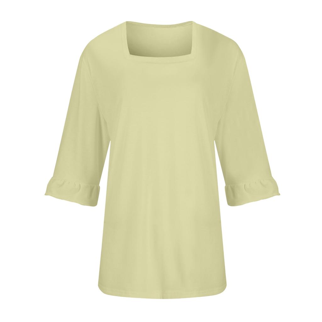 Женские повседневные топы с рукавами 3/4, летние футболки с квадратным вырезом, свободные туники с рюшами, блузки-туники