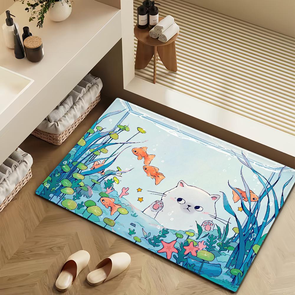 Fish Cat Cute Kawaii Door Mat Bath Microfiber Decorative Versatile Flannel Floor Mat Quick Dry Absorbent Non-slip Sole