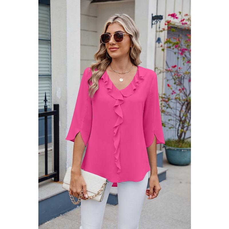Women's Spring and Summer New Solid Colour V-neck Ruffled Loose Mid-sleeved Chiffon Shirt Shirt