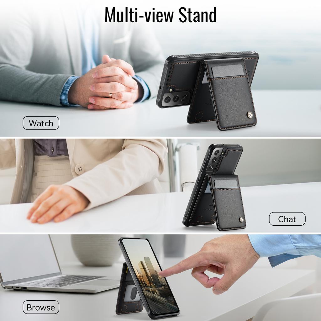 For Samsung Galaxy S22 5G Leather Back Cover Compatible with MagSafe JEEHOOD J06 Phone Case with Card Bag RFID Blocking