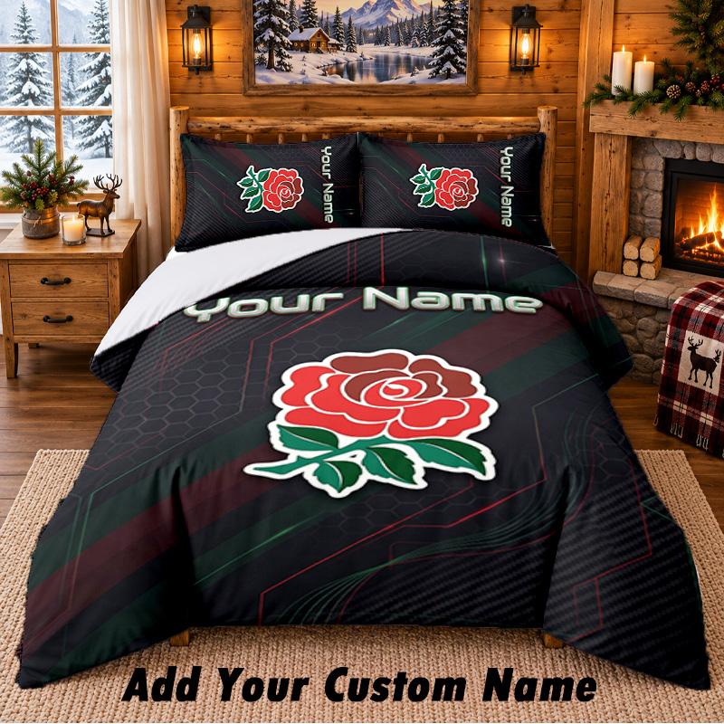 England Rugby Pattern Bedding 3Pcs Set Custom Name, Bed Sheet And Pillowcases For Home Bedroom