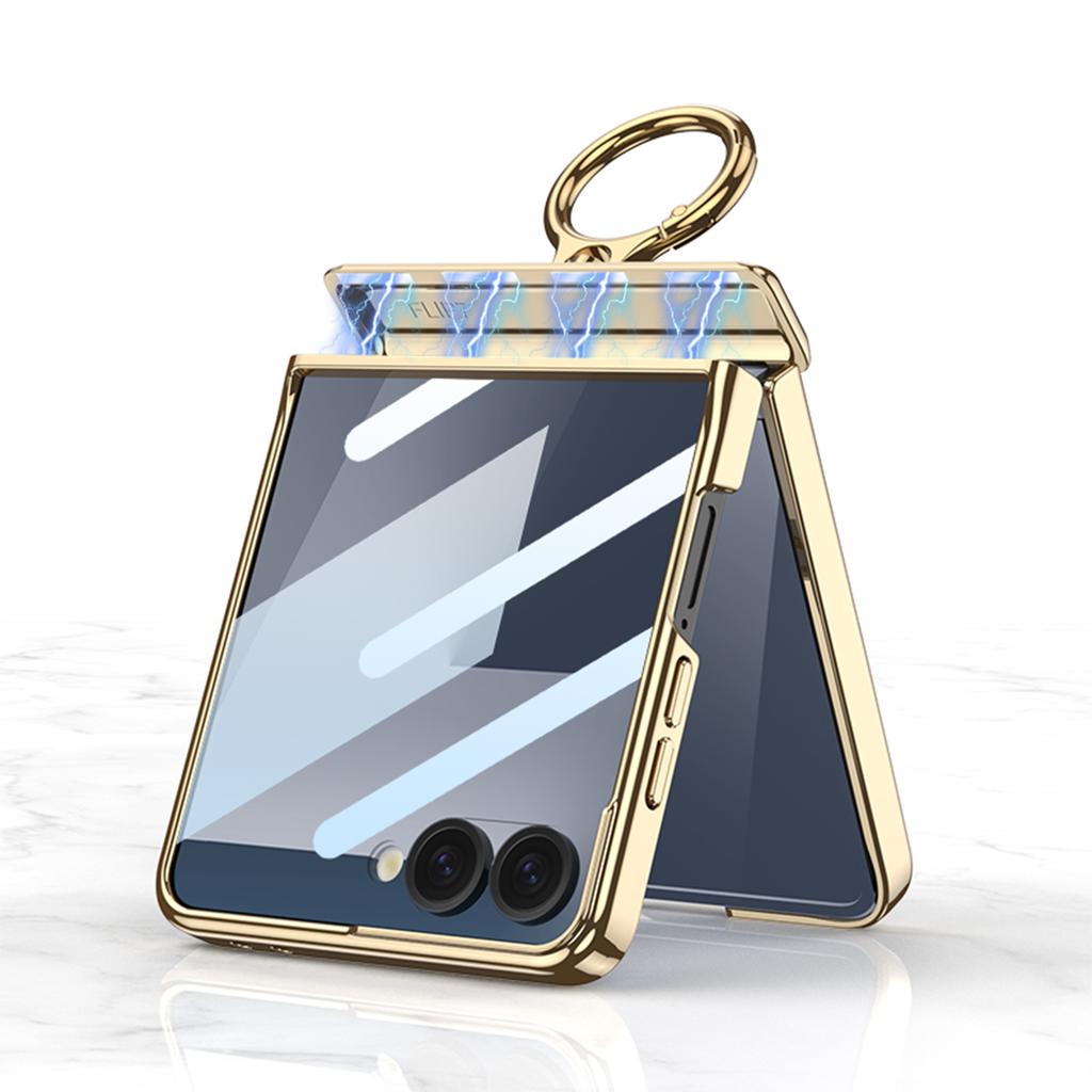 GKK For Samsung Galaxy Z Flip7 5G Kickstand Case Electroplating Magnetic Hinge Protection PU PC Tempered Glass Phone Cover