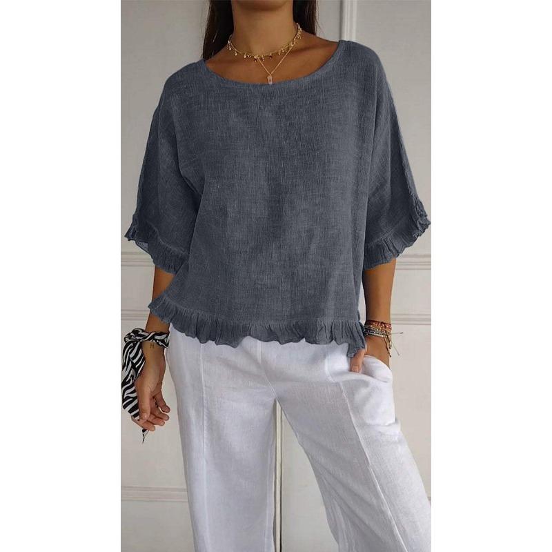 Summer Casual T-Shirt Round Neck Short Sleeved Cotton Linen Blouse Casual Solid Color Loose Pullover Clothes Fit Shirt for Women