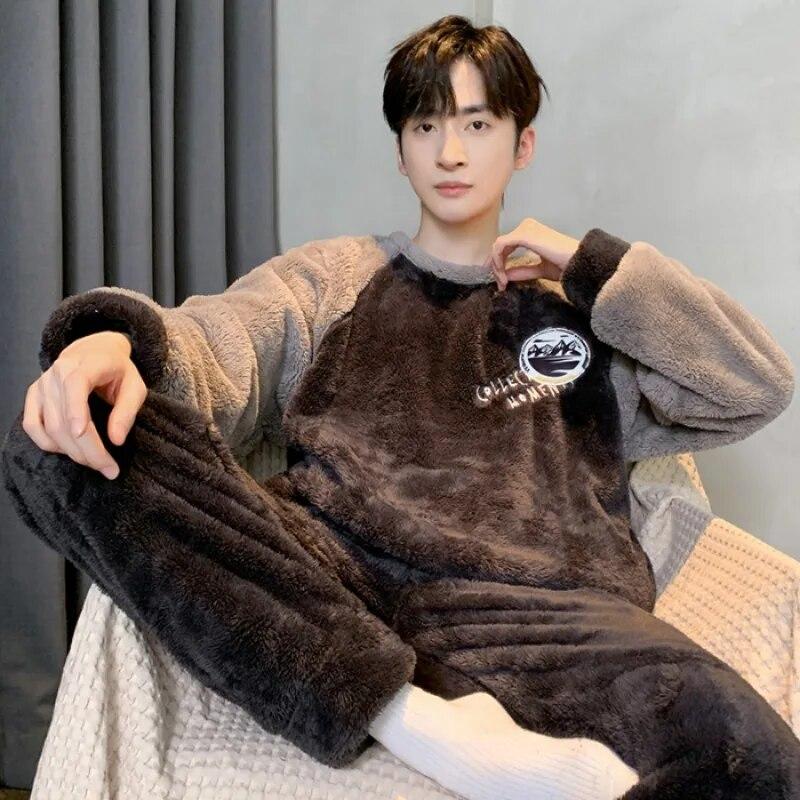 2025 Winter New Plush Man Pajamas Set Thickening Round Neck Long Sleeve Sets for Man 2 Pieces Senior Printing Pijamas Set for Man