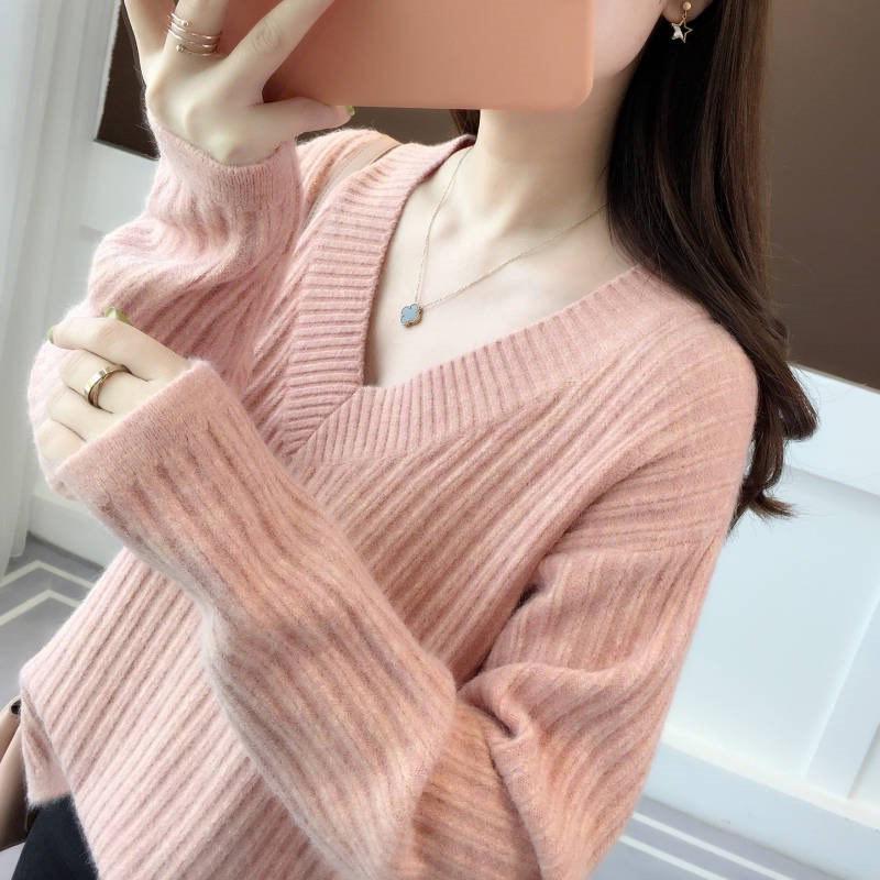 Women's Loose Fit V-Neck Striped Pullover Sweater - 2024 Autumn/Winter Korean Style