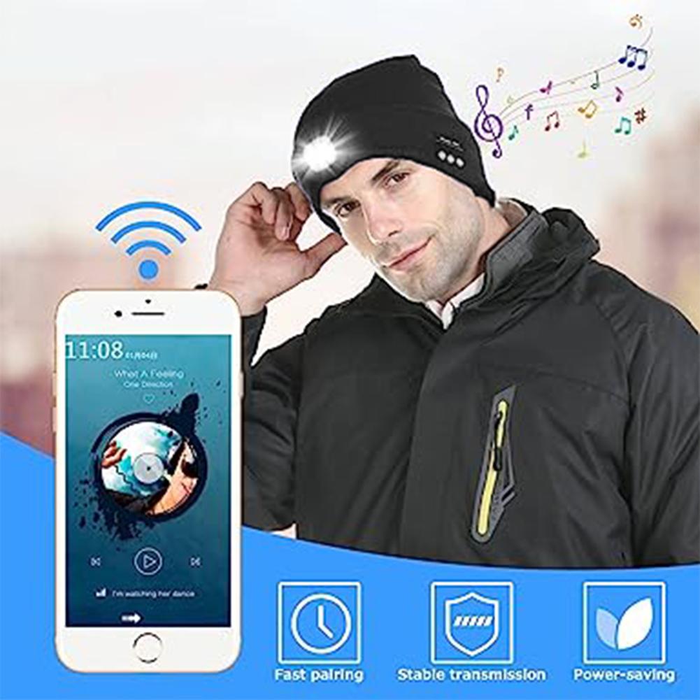 Шапка-бини с Bluetooth 5.2 и фонариком, перезаряжаемая через USB, светодиодная налобная фара с беспроводными наушниками, музыкальный плеер, светодиодная шапка