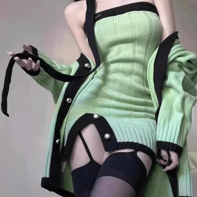 2024 весенние зеленые трикотажные костюмы, повседневный элегантный кардиган, топ + сексуальное мини-платье Y2k, корейская модная одежда, комплект платьев из 2 предметов, новый