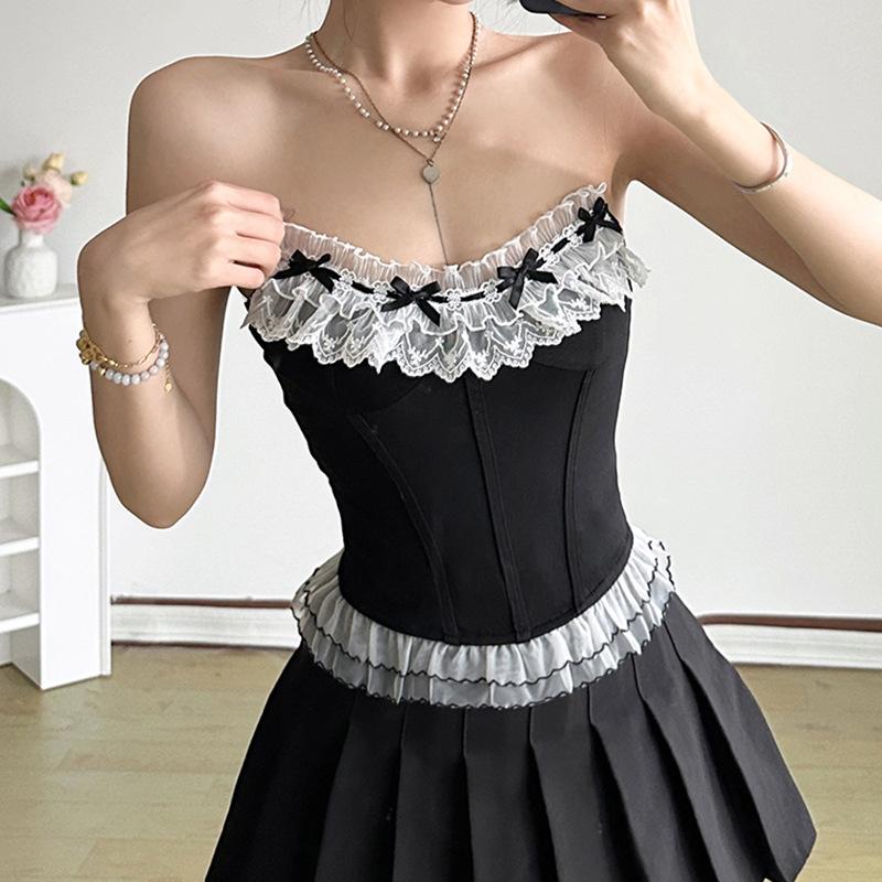 Женский стиль суда кружево кружево через веревку бант столкновение цветов бюстье чистое желание девушки корсет тонкий сотня сексуальных топов