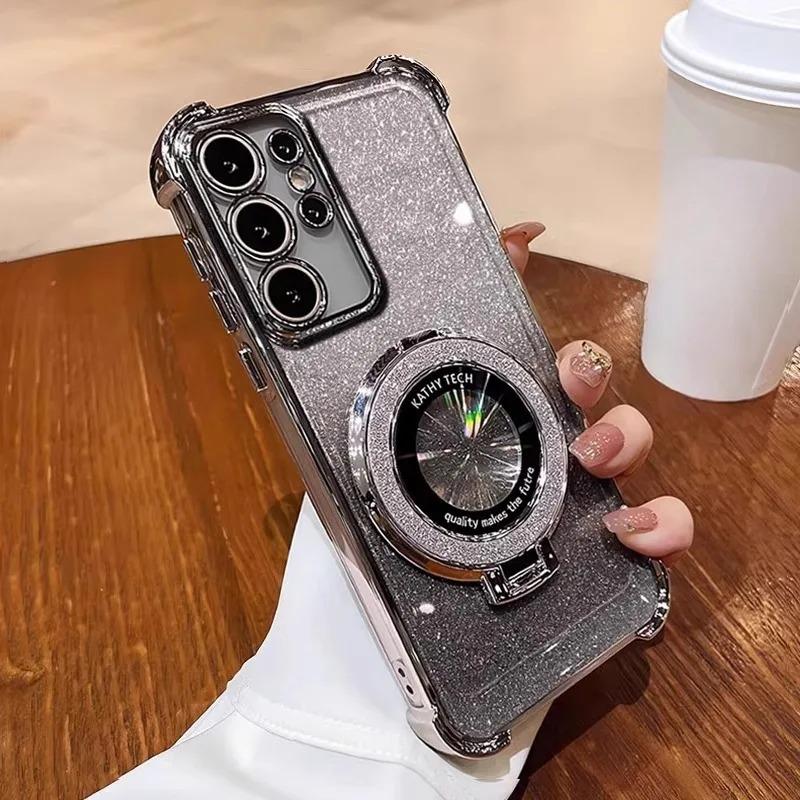 Suitable for Samsung S25Edge Mobile Phone Case Electroplated Magnetic Bracket S24Ultra Anti Fall Cover A55 Gradient Powder Soft
