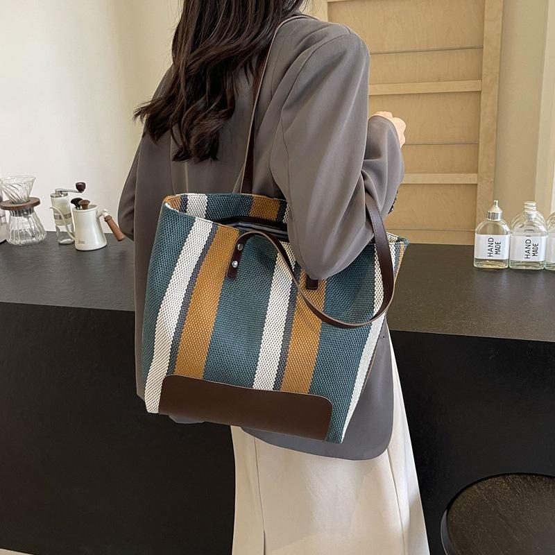 Новая вместительная холщовая сумка в контрастную полоску, женская универсальная сумка через плечо, портативная сумка-тоут