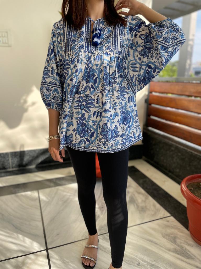 HandBlock Print Blue Floral Cotton Top |BOHO Volume Sleeves | Indian Cotton Tie-up Top | Puff Sleeves Bohemian Top | Women’s Indian Blouse