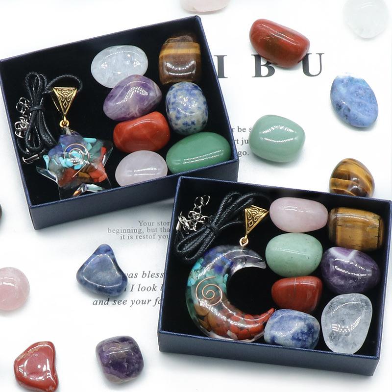 Rainbow Chip Stone Resin Moon Star Necklace 7pcs Irregular Boxed Set Chakra Healing Gemstone Yoga Jewelry