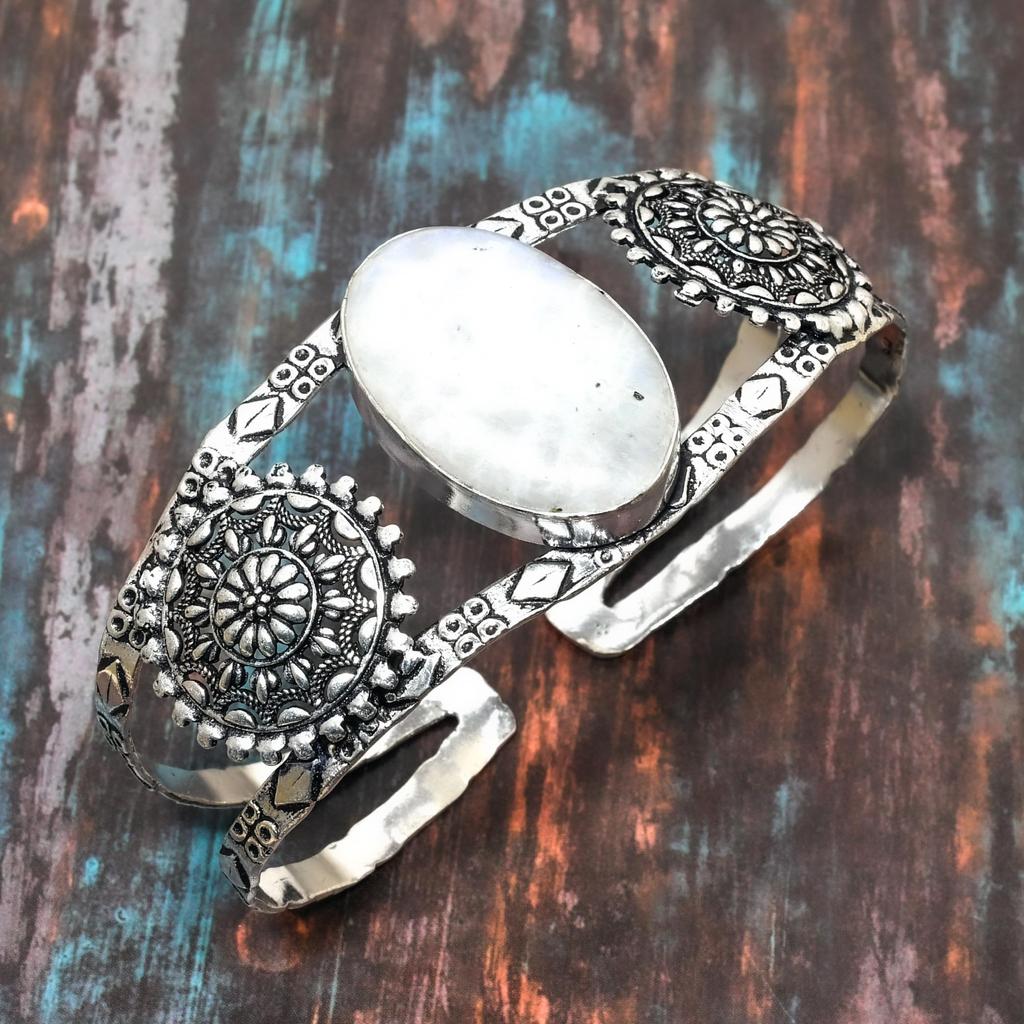 Привлекательный Радужный Лунный Камень Драгоценный Камень Ручной Работы Стерлингового Серебра 925 Пробы Манжеты/Браслет Регулируемые Ювелирные Изделия