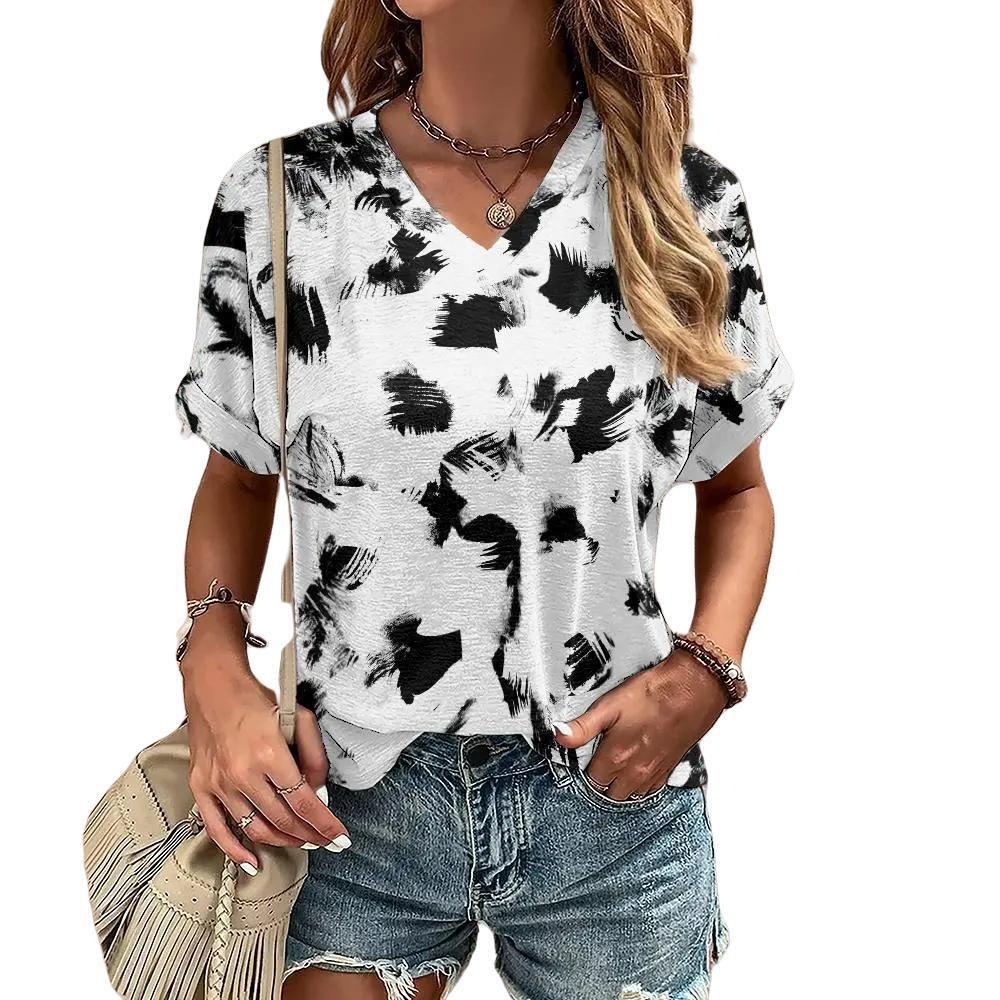 S-8XL Летняя футболка размера плюс для женщин с V-образным вырезом Повседневная мода Граффити Футболки Harajuku Одежда Свободные топы с коротким рукавом Пуловер