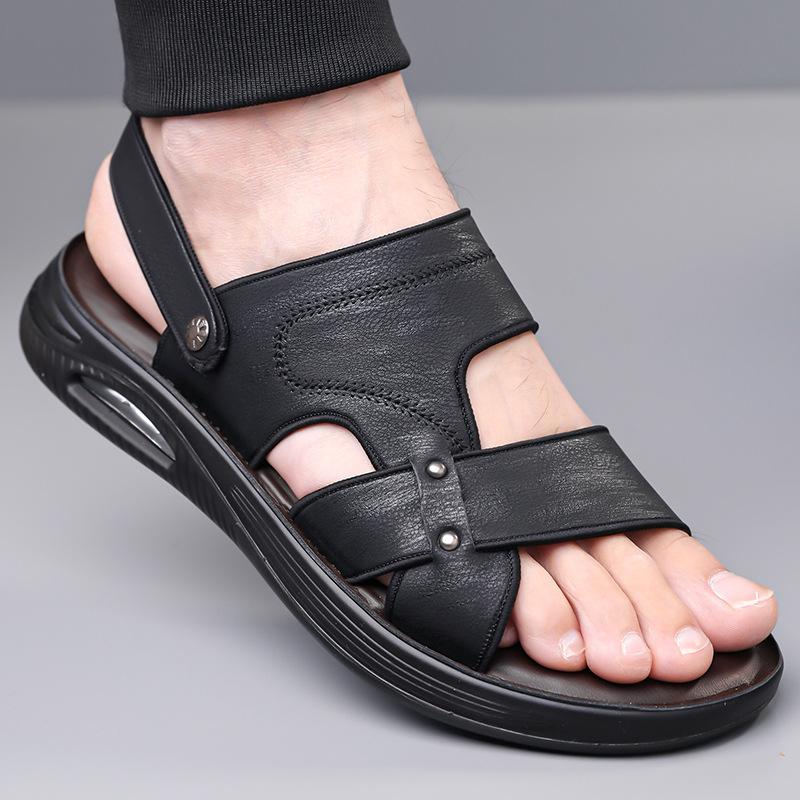 Модные однотонные кожаные сандалии для мужчин Модная повседневная спортивная пляжная обувь Мужские летние новые дизайнерские шлепанцы