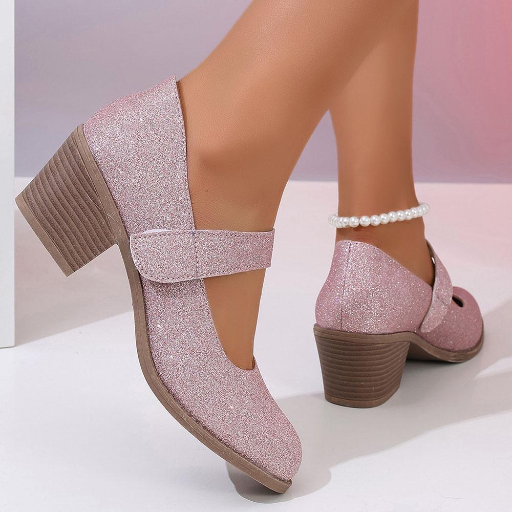 Pointed Toe Women Mary Jane Shoes Cute Casual Pumps Walking Comfy Bling Trendy Chunky Heels Women Shoes