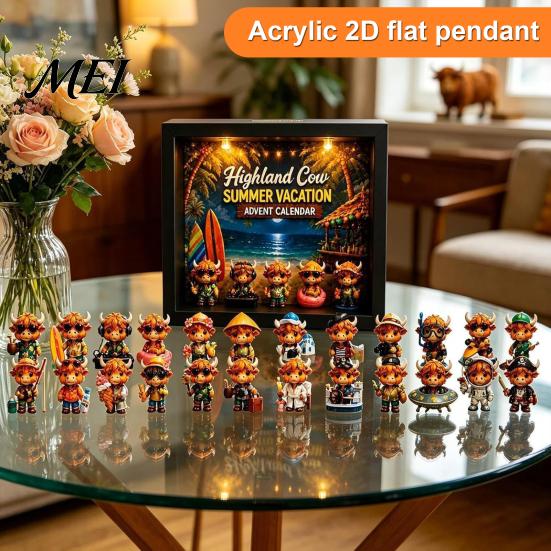 Aerospace Highland Cow Figurines Summer Vacation Advent Calendar 2026, 24 Days Mini Cattle Camping Theme Collectible Toys Countdown with LED