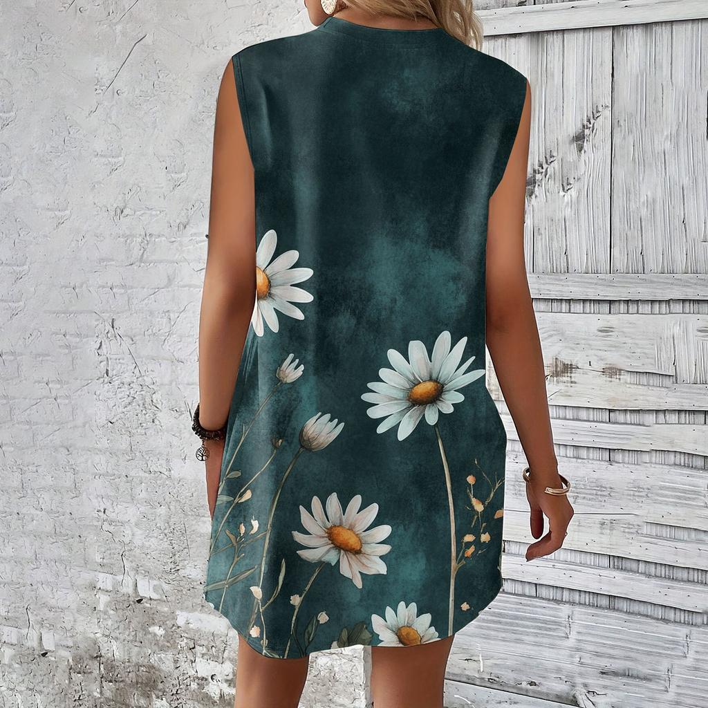 Women's Casual And Fashionable Round-neck Sleeveless Printing Mid Length Dress