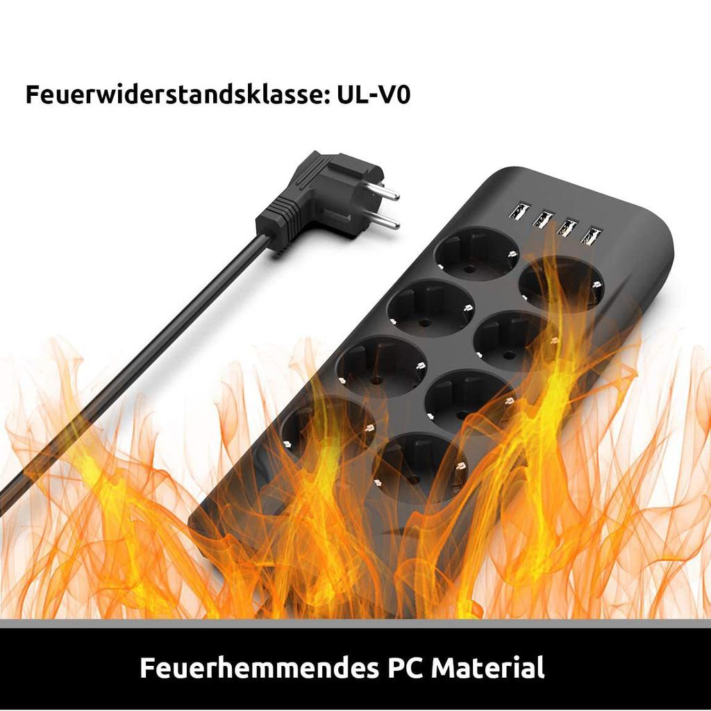 Умная розетка, кабель 2 м, 8 розеток, 4 USB-порта для быстрой зарядки — черная розетка