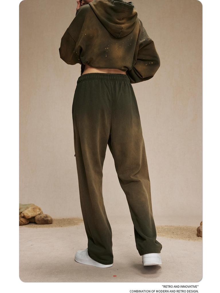 Autumn 2024 Retro Washed Distressed Spray Dye Sweatpants for Men - Loose Fit with Drawstring