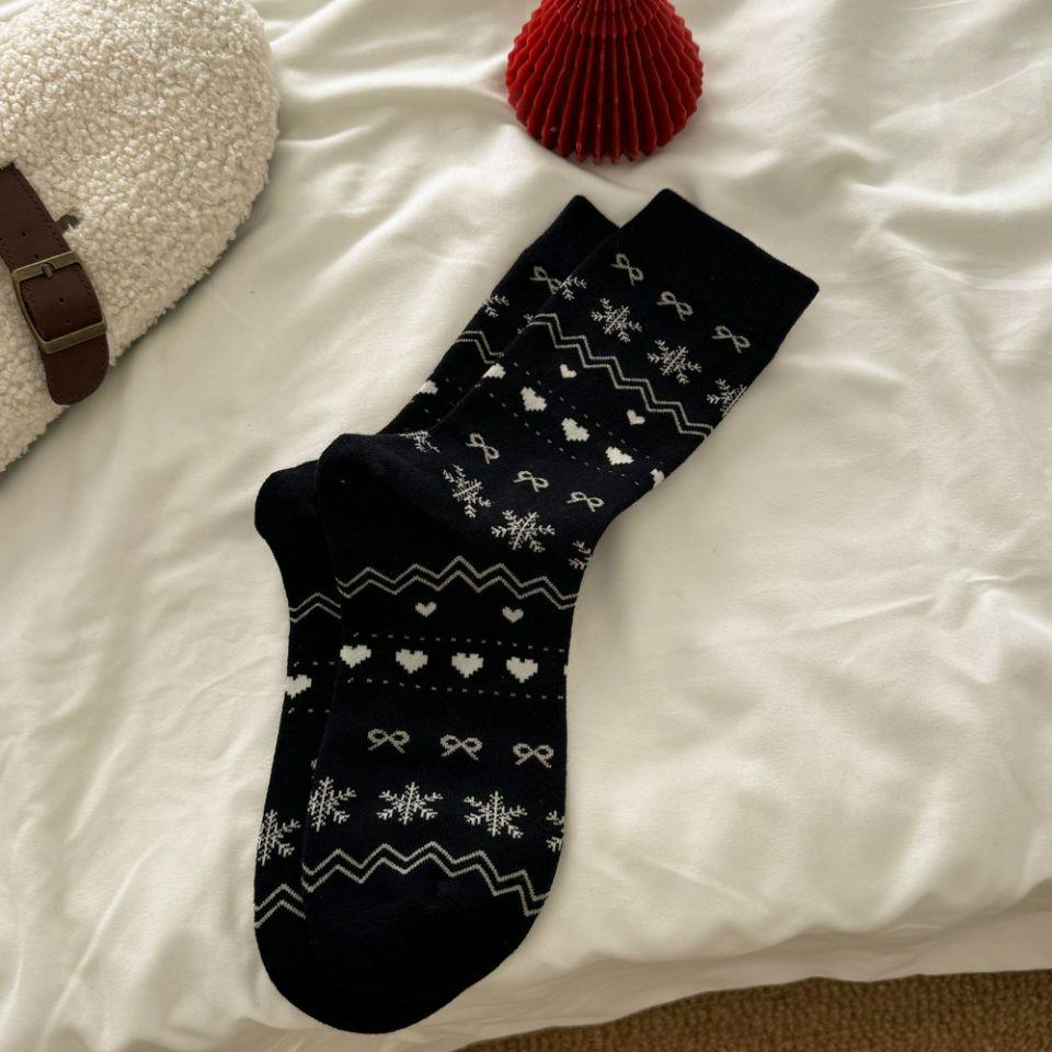 Женские носки до середины икры с узором Fair Isle «Снежинка» - Ретро этнический стиль, осенне-зимние хлопковые носки с присборенным верхом