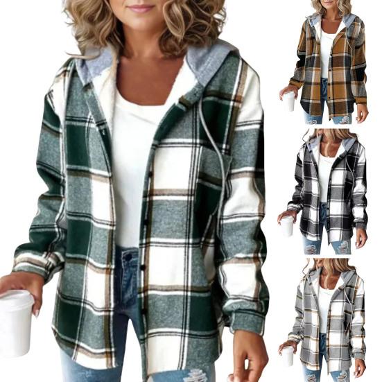 Женское осенне-зимнее пальто с капюшоном на шнурке, клетчатый принт с длинными рукавами, однобортный толстый плюшевый теплый кардиган, повседневное повседневное пальто