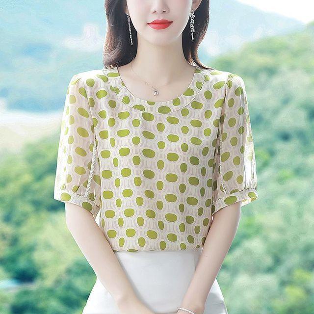 Новый летний топ с короткими рукавами и принтом, модная шифоновая рубашка для мамы, блузка с круглым воротником, M-5XL