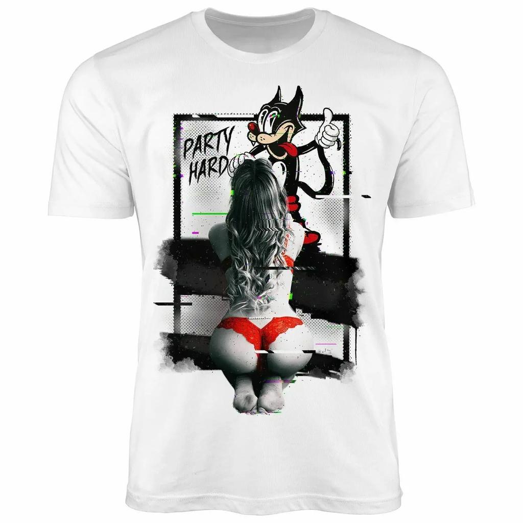 Comic Cat Sexy Girl Party Funny Humor T-Shirt 100% Cotton O-Neck Short Sleeve Summer Casual Mens T-shirt Streetwear