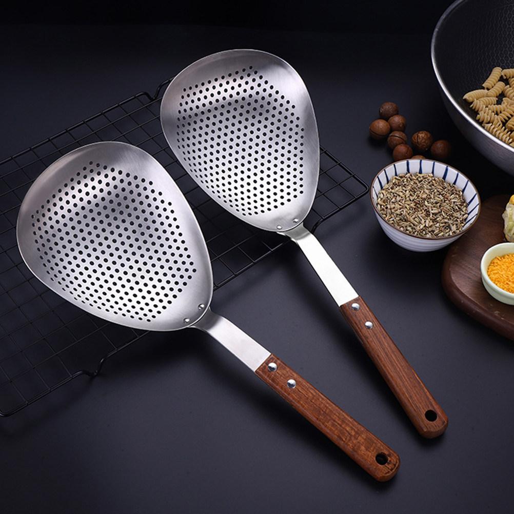Premium Stainless Steel Slotted Spoon with Wooden Handle for Hot Pot Frying Noodles Dumplings Filtering Ladle Kitchen Colander