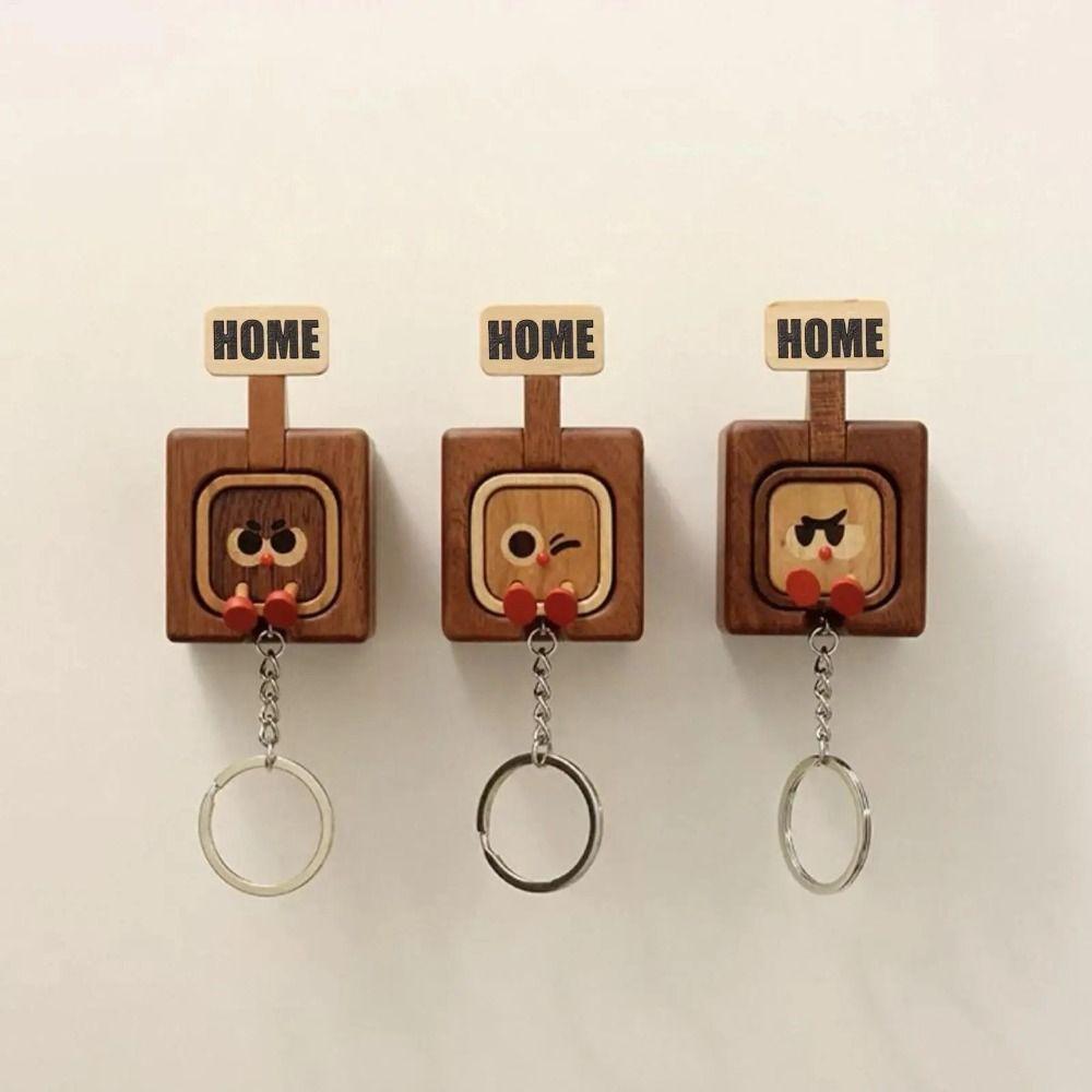 Wall Mount Wooden Key Holder Handcrafted Funny Face Expressions Magnetic Key Hook Solid Wood Cartoon Key Organizer Home Entryway