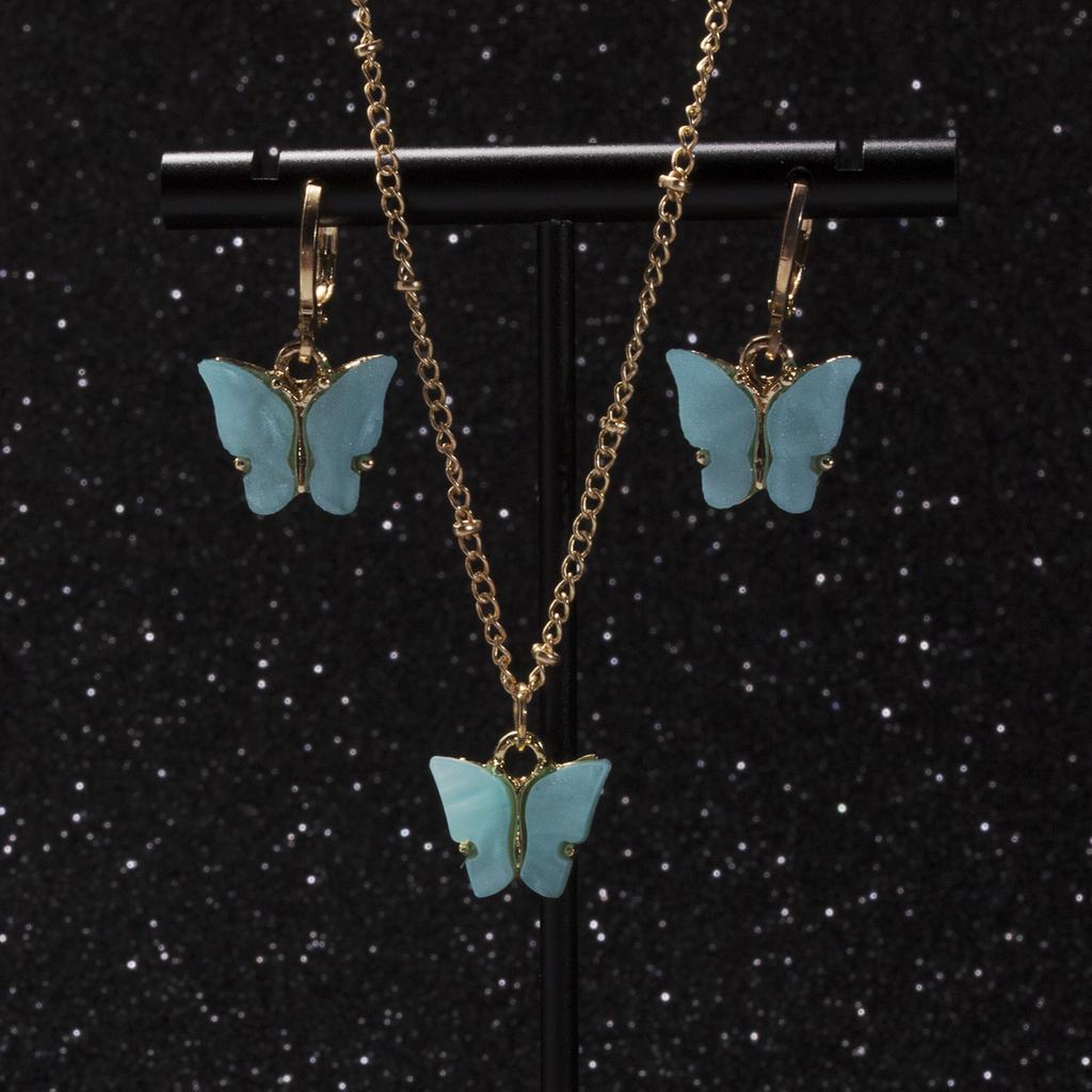 Acrylic Butterfly Pendant Earrings Necklace Combination Set Japan And South Korea Sweet Style Alloy Chain Jewelry Set