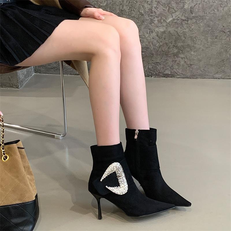 Big rhinestone short boots autumn and winter new pointed belt buckle high heel fashion boots side zipper temperament short boots