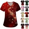 Women's Cute Printed Work Clothes V-neck Double Layer Pockets Basic Short Sleeve Top Pullover Christmas