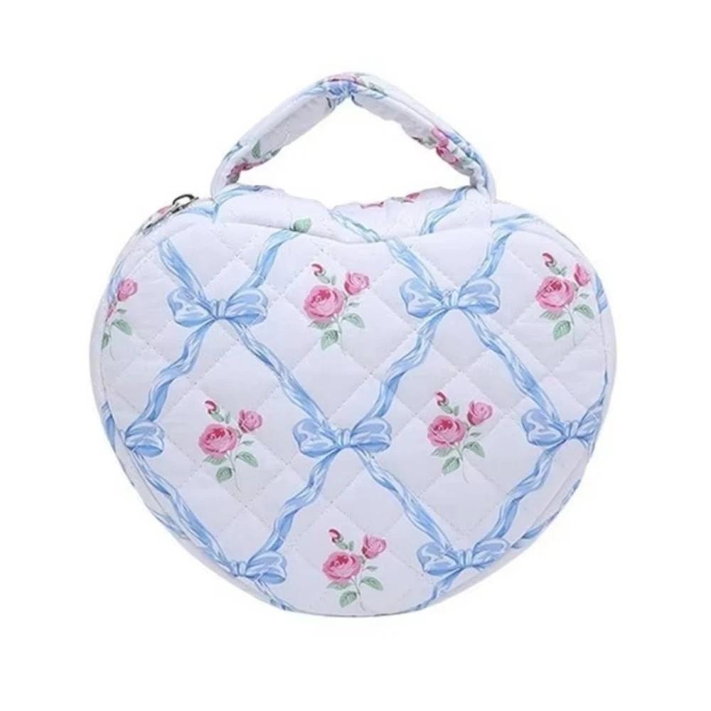 Cute Love Storage Bag Large Capacity Stylish Floral Pattern Makeup Bag Quilting Cotton with Handle Cosmetic Organizer