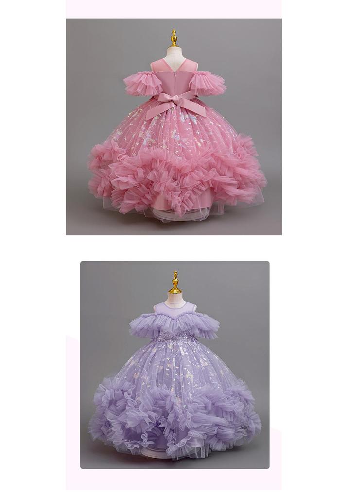 Girls' One-Shoulder Princess Dress with Mesh Puff Skirt – Formal Flower Girl Birthday Dance Costume