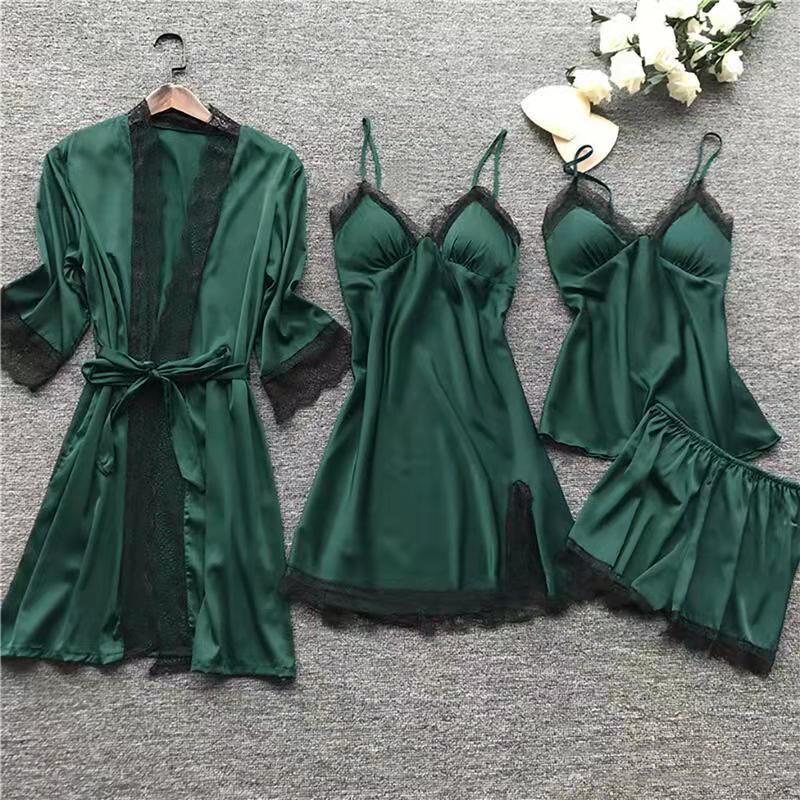 Women Cami Shorts Nightgowns Pyamas Set of Satin Fabric Breathable Pajamas Set with Robes 5 PCS Pajamas Set Sleepwear Lounge Wear Nightgowns