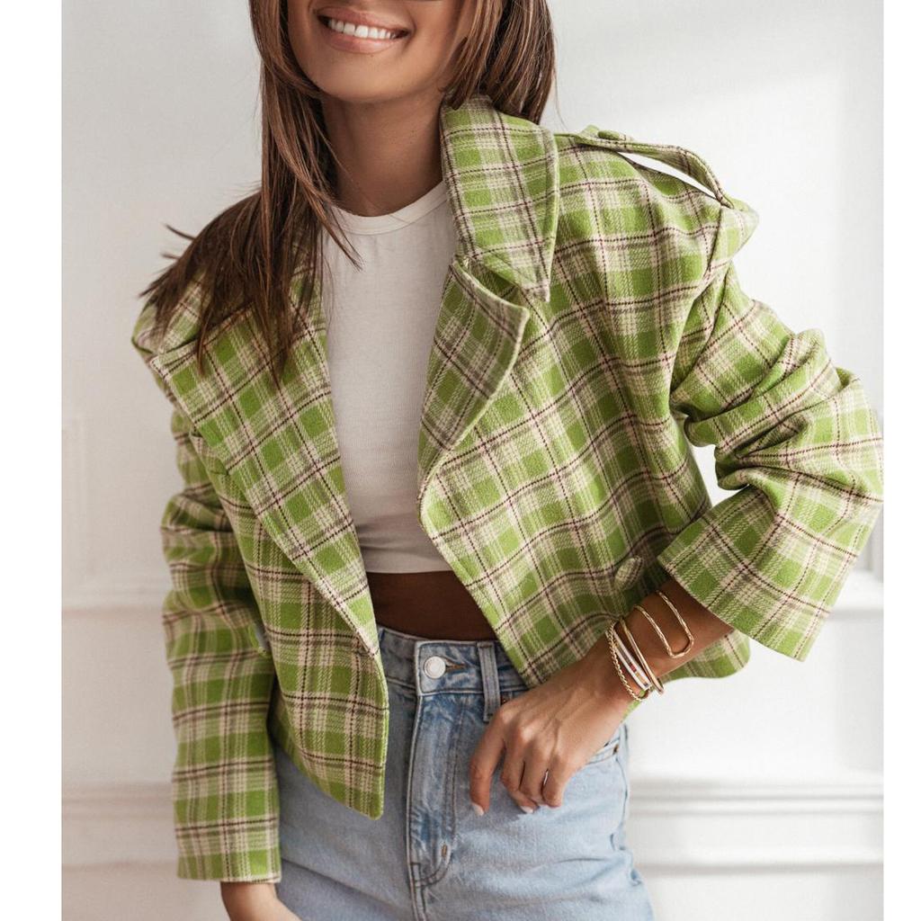 Женский свободный повседневный пиджак с длинными рукавами и клетчатым принтом, модная куртка