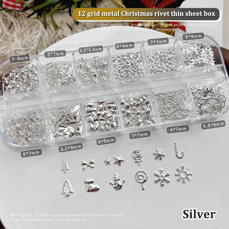 12 Секций Рождественские Металлические Слайсы Елка Снежинка Леденец Шестеренка Звезда Золото Серебро Украшения Блестки для Нейл-арта Маникюрные Шармы