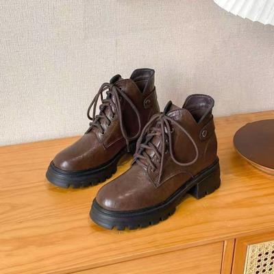 Модные женские массивные одинарные ботинки Осень Новые с круглым носком Передний ремешок Толстая подошва Противоскользящие Износостойкие Удобные короткие ботинки