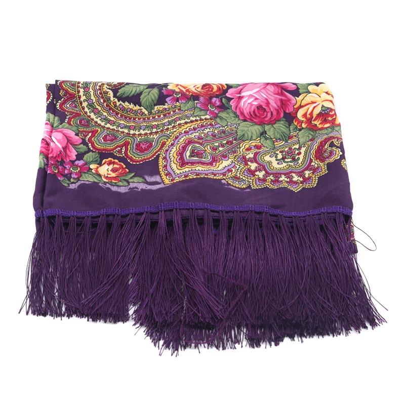 Women's Vintage Floral Print Shawl - Square Ethnic Scarf With Four-Sided Tassels For Travel & Dust Protection