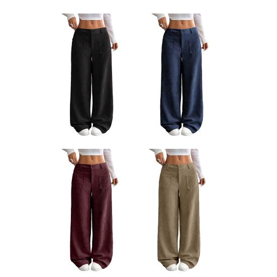 Women Pants Button Zipper Closure Straight Wide Leg Trousers with Pockets Solid Color Loose Fit Lounge Pants Daily