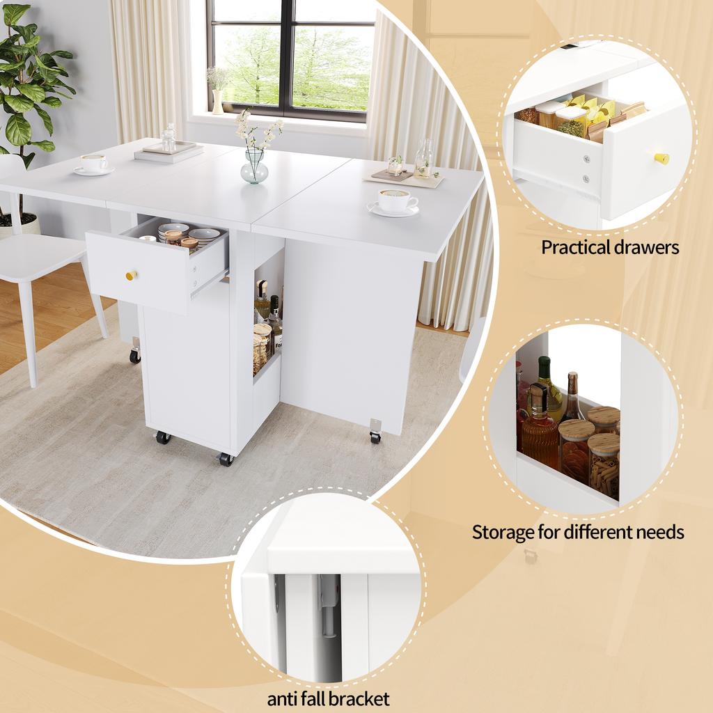 Folding Dining Table (120 x 75 x 75 cm), Mobile Kitchen Worktop, for 2-4 People, with Open Storage, 2 Drawers, Lockable Casters, White