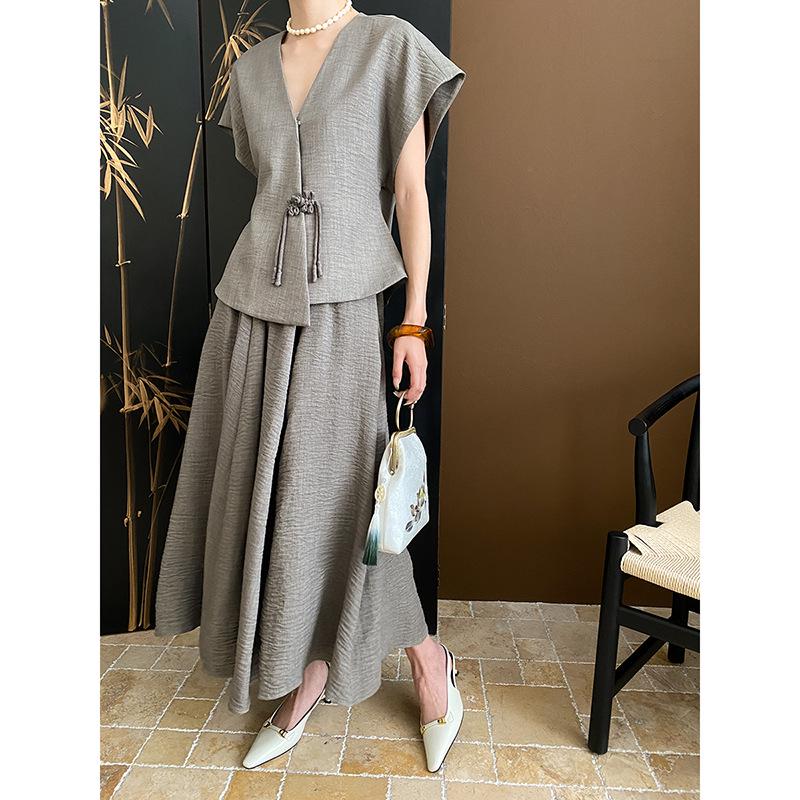 Синан Тенсел Вертикальный Крой Текстурный Топ и Юбка Комплект SN5633 - Современный Китайский Стиль