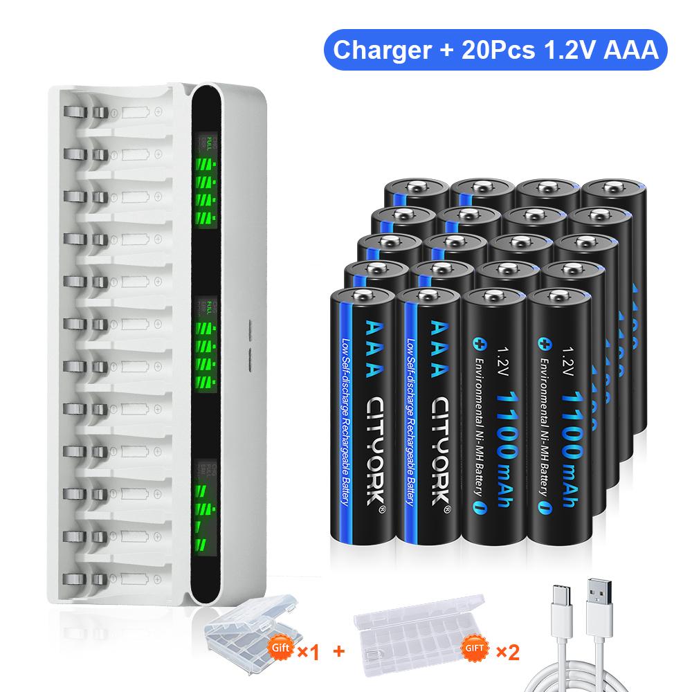 Charger and Battery Combo Kit 12 Slot Smart LCD USB/Type-C Hybrid 1.2V Battery Charger + 1.2V AA/AAA NiMH Rechargeable Battery