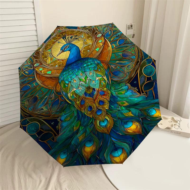 1PC Peacock Stained Glass Automatic Open/Close Umbrella Compact Folding Umbrella with 8-Rib Shaft lightweight esign, Highquality Fabric1195A
