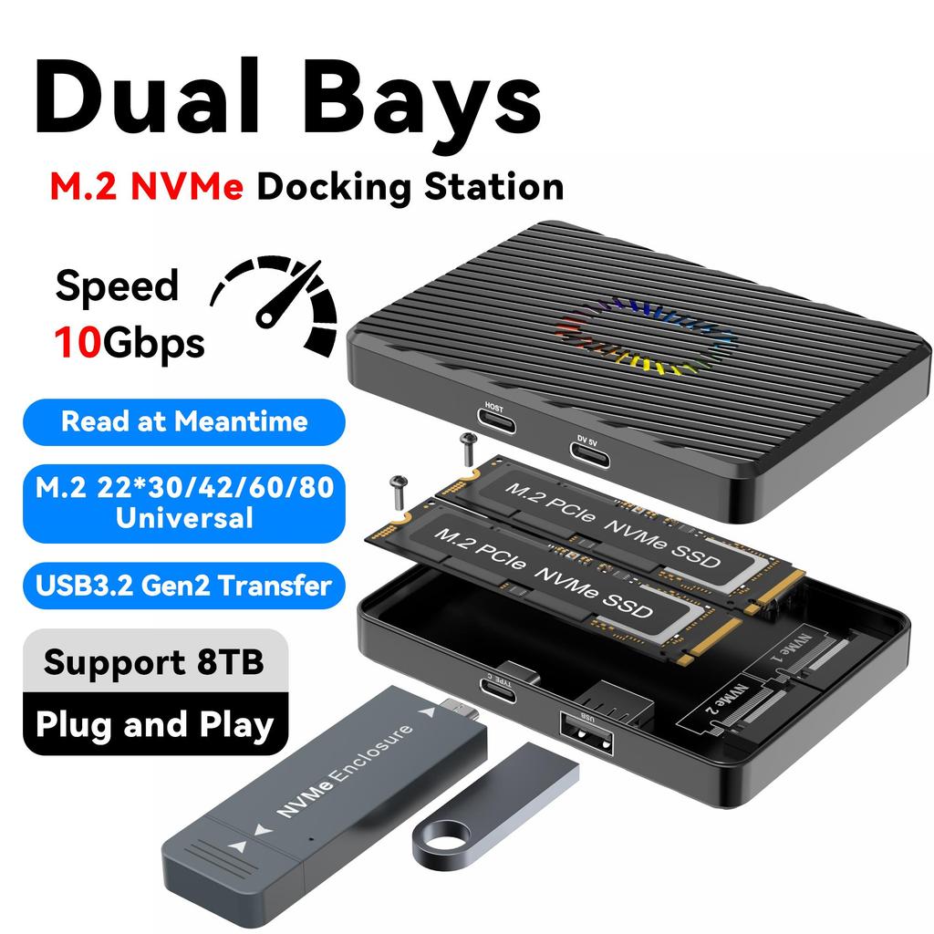 Dual Bay M.2 SSD Enclosure Dual Protocol M.2 NVMe SATA SSD Case Solid State Drive Docking Station USB3.2 GEN2 10Gbps SSD Adapter