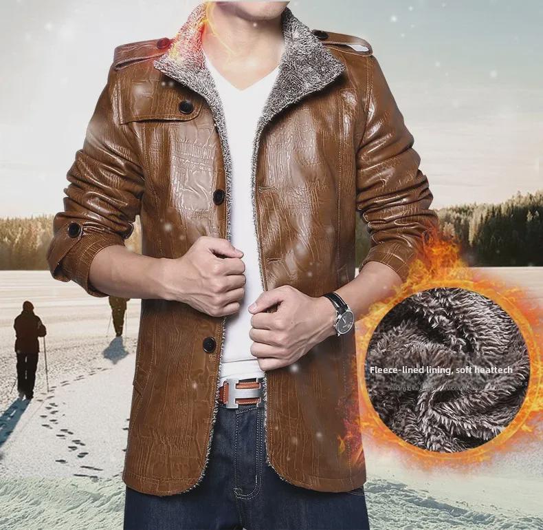 Мужская мотоциклетная куртка средней длины из искусственной кожи с бархатом, повседневный утолщенный дизайн в корейском стиле на осень/зиму