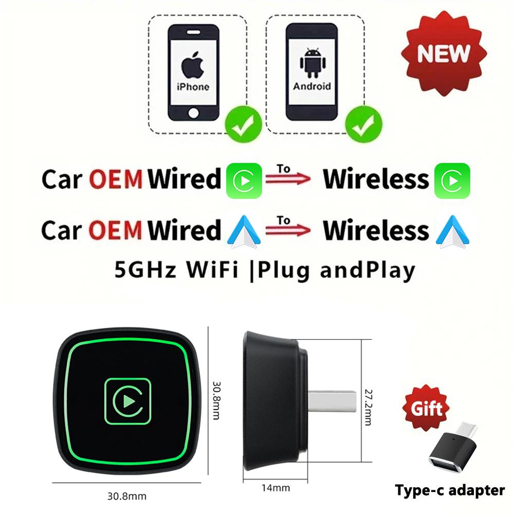 2025 НОВЫЙ 2 в 1 беспроводной Carplay AI Box Android Auto Plug And Play, применимый для преобразования оригинального автомобильного проводного Carplay в беспроводной